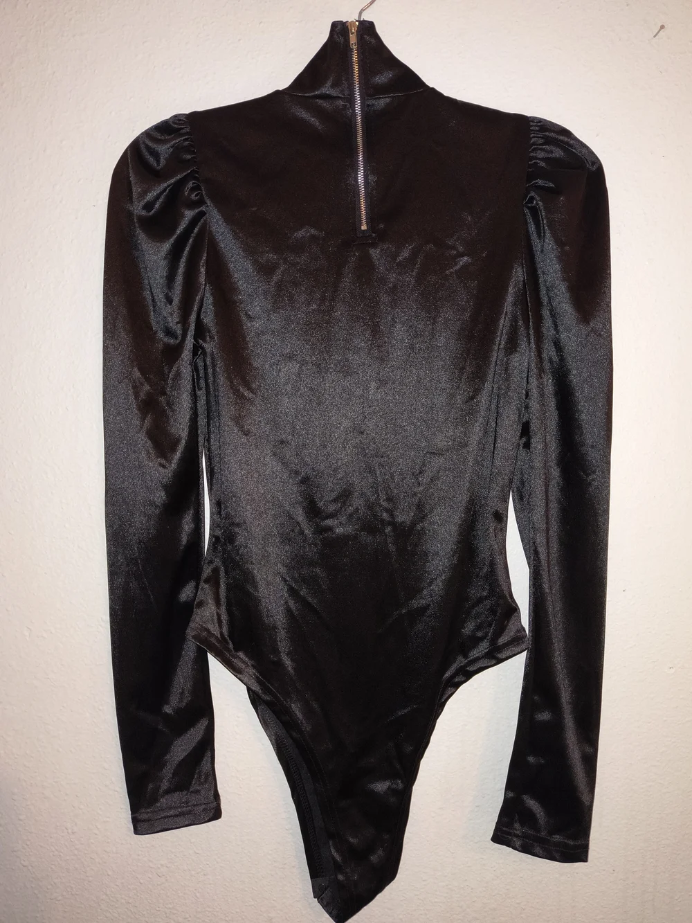 Vintage Black Satin Puff Sleeve Bodysuit High Neck Gothic Disco 80s Glam Size L - Picture 7 of 9
